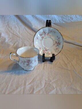 2/60$ PARAGON White Porcelain Teacup & Saucer with Pink Rose Motif and Gold Trim